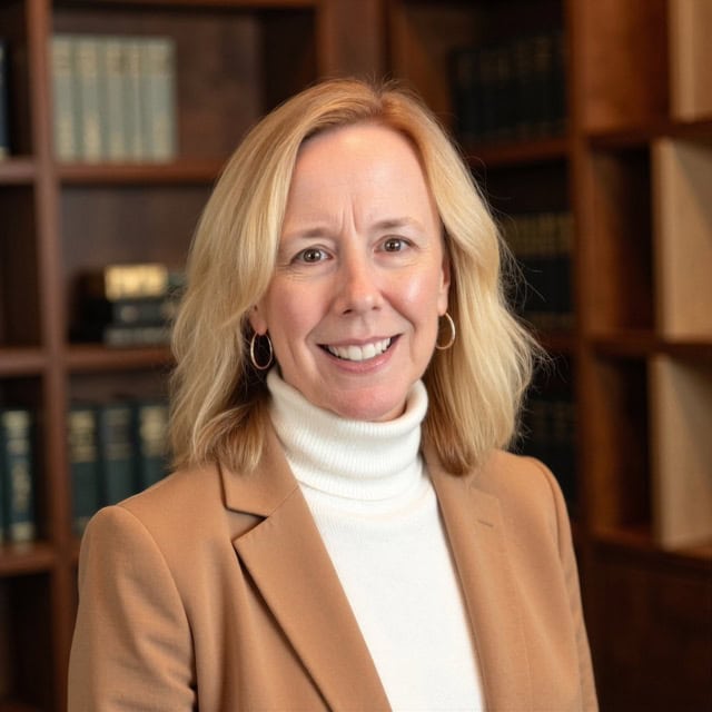 Jeanne Nauman smiling at the SIIM Annual Meeting, standing in front of a bookshelf with medical books, wearing a tan blazer and white turtleneck.