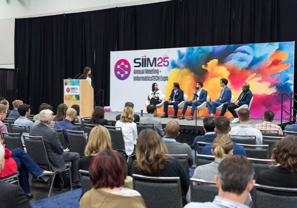 Panel discussion at SIIM Annual Meeting focusing on innovative imaging education and beyond the booth experiences. Attendees engaging in knowledge sharing at the SIIM Expo.